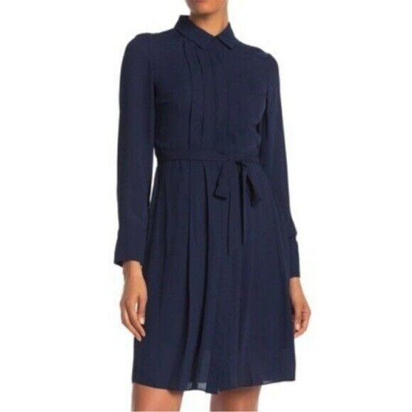 🌻NEW w/tag Nanette Lepore Navy Blue Pleated Waist Tie Shirt Dress Size 4. - Picture 1 of 11